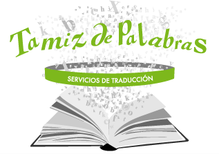 Logotipo de Tamiz de Palabras (una nube de letras, formando el nombre de la empresa, pasan por un tamiz que pone "servicios de traducción", y acaban en un libro, abierto y apoyado sobre la mesa.