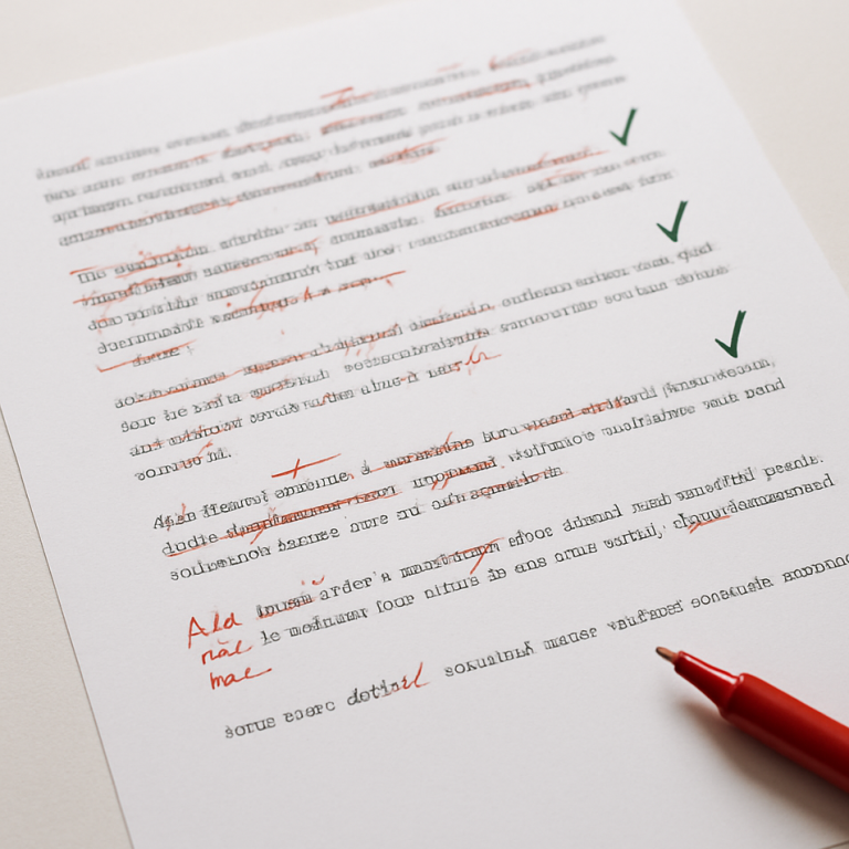 Dibujo en el que se ve un documento, con correcciones, tachados y signos de verificación, con un bolígrafo encima.